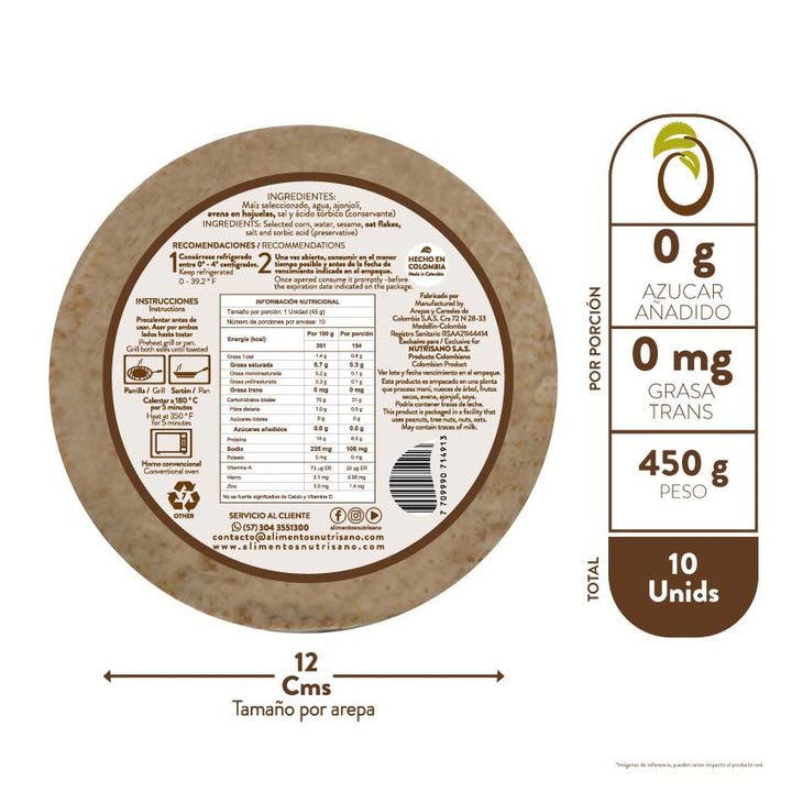 AREPA DE MAÍZ CON AJONJOLÍ AVENA X 10 UNDS